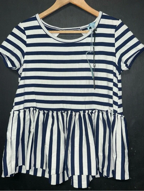 She + Sky Navy and White Striped Peplum Top - Picture 1 of 5